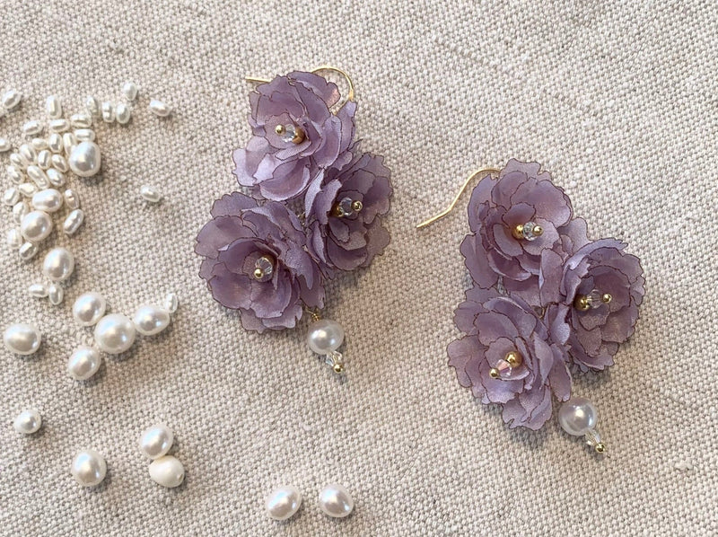 romantic style flower earrings. gold jewelry. silk floral earrings in mauve peonies. bridal pearl and crystal jewelry.